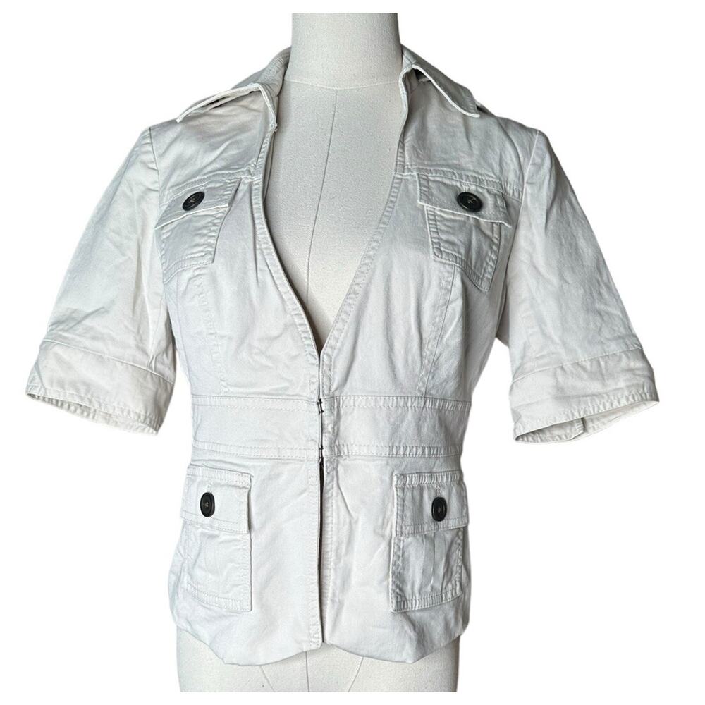 London Jean Chino Light Khaki Beige Short Sleeve Safari Jacket Y2K V Neckline S